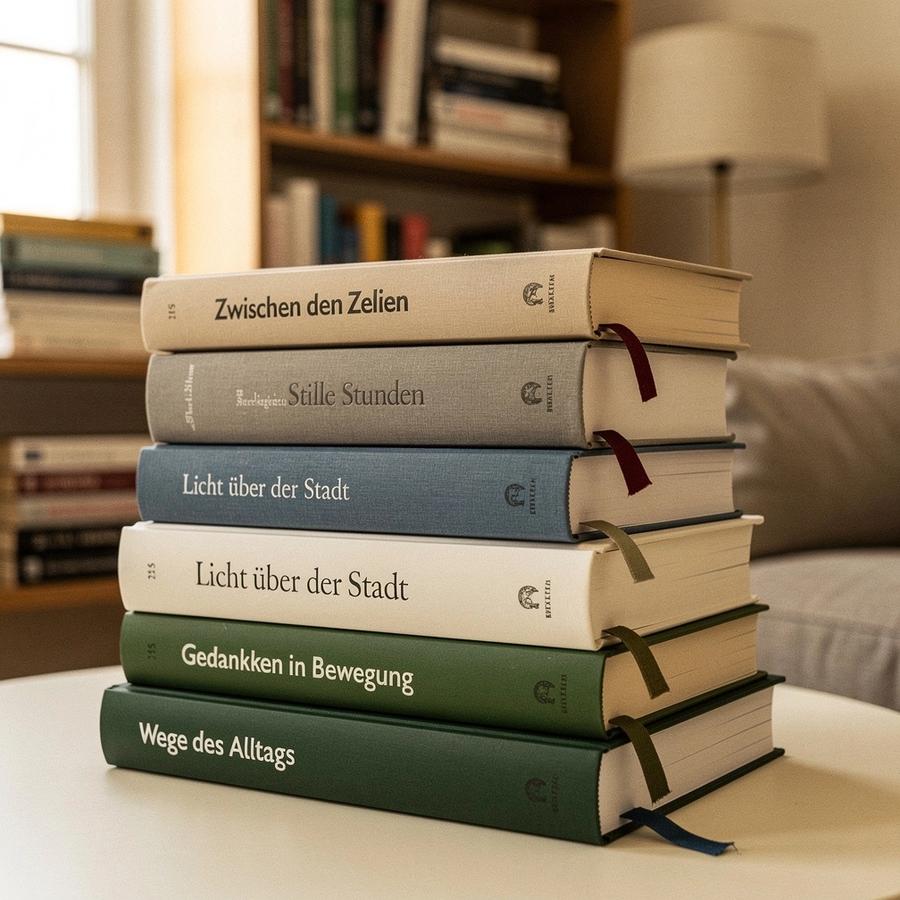 Stapel moderner Bücher mit Lesezeichen auf hellem Hintergrund